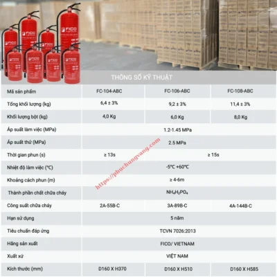 BinhChuaChayBotABC6KgFICOFC106ABC03 Khi Cong Nghiep Phuc Hung Vang Thông số kỹ thuật bình chữa cháy
