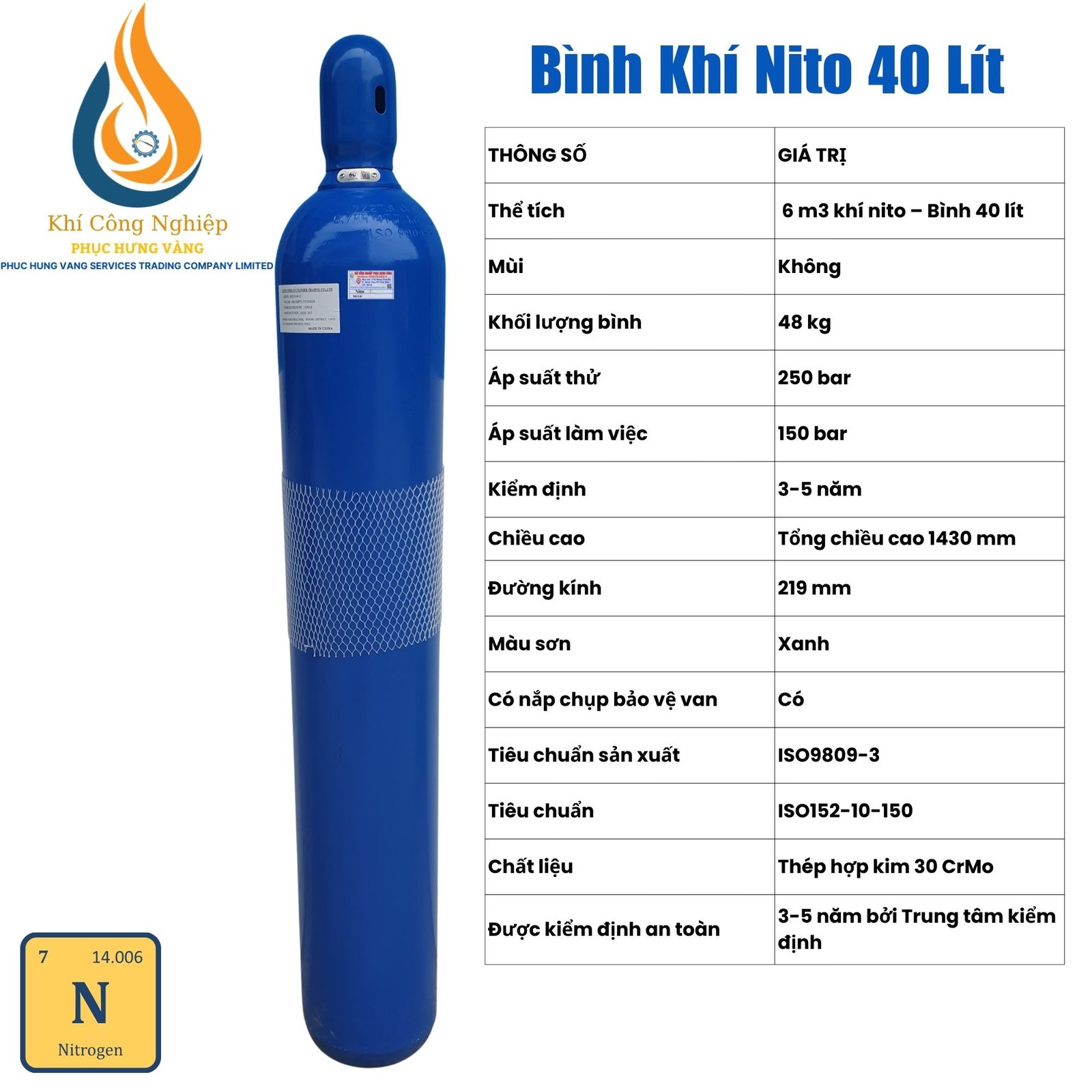 Chai Khí Nito 40 Lít - Bình Khí Có Kiểm Định 1 Chai khí nito 40 lít